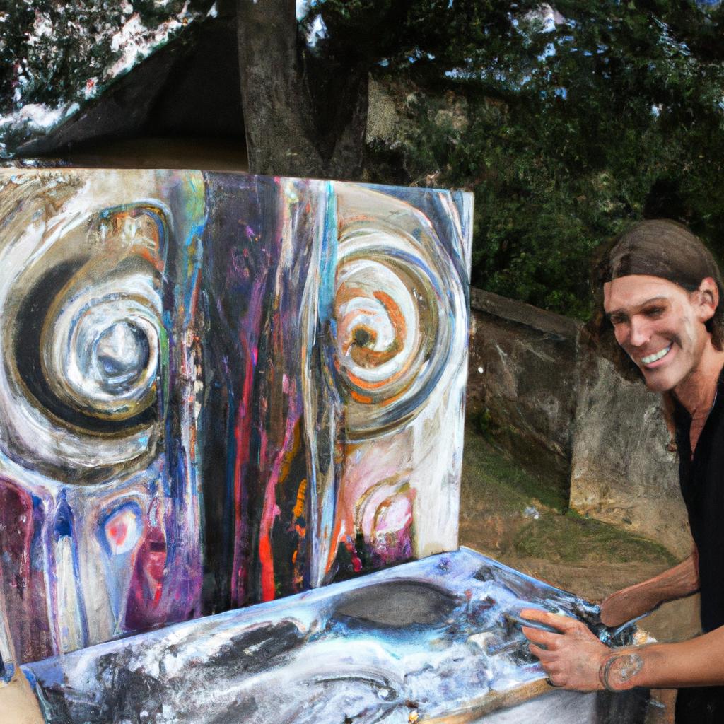 Person painting abstract artwork, smiling