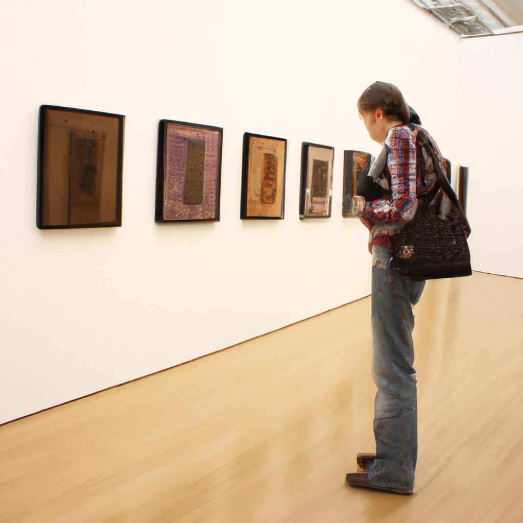 Person examining artwork in gallery